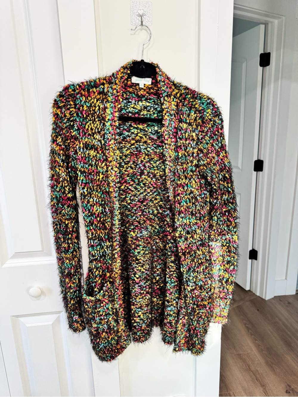 Grace & Lace Multicolor Bouclé Open-Front Cardigan — Yellow, Pink, Teal, Black